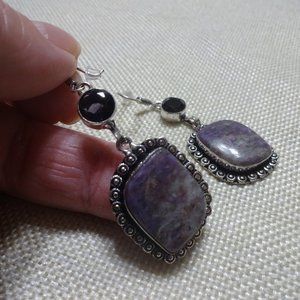 Beautiful "PURPLE JASPER & AMETHYST" Handmade Sterling Dangle Earrings #619B